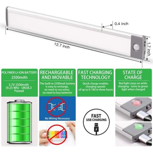 Rechargeable Motion Sensor Led Lights Ultra Thin Softer Under Counter 54-LED - Picture 3 of 7